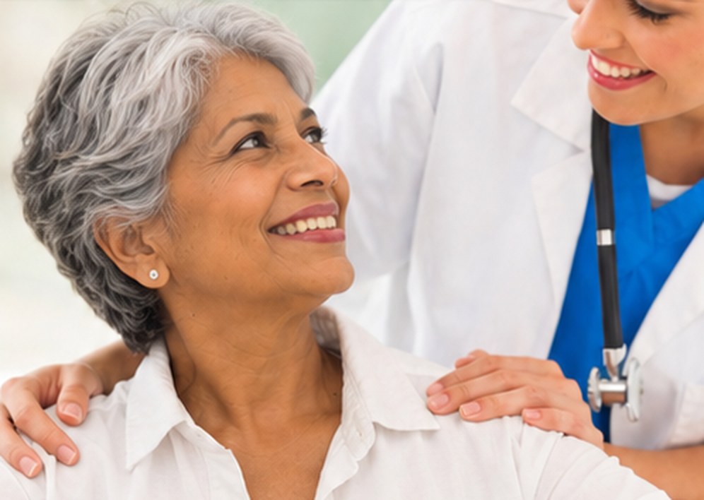 Smiling senior woman with her home health nurse