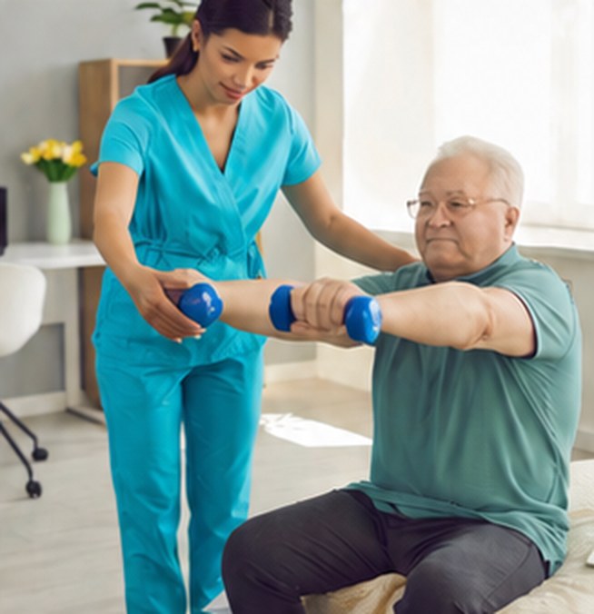 Physical therapist helping a senior man exercise with hand weights